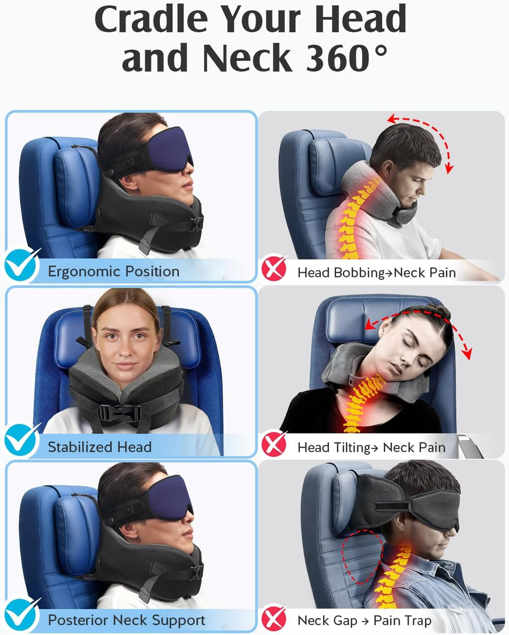 YFONG Travel Pillow for Long Flight Airplanes, Head Strap Combo with 3D Contoured Eye Mask for Sleep, Neck Pillow for Car Trip Essential…