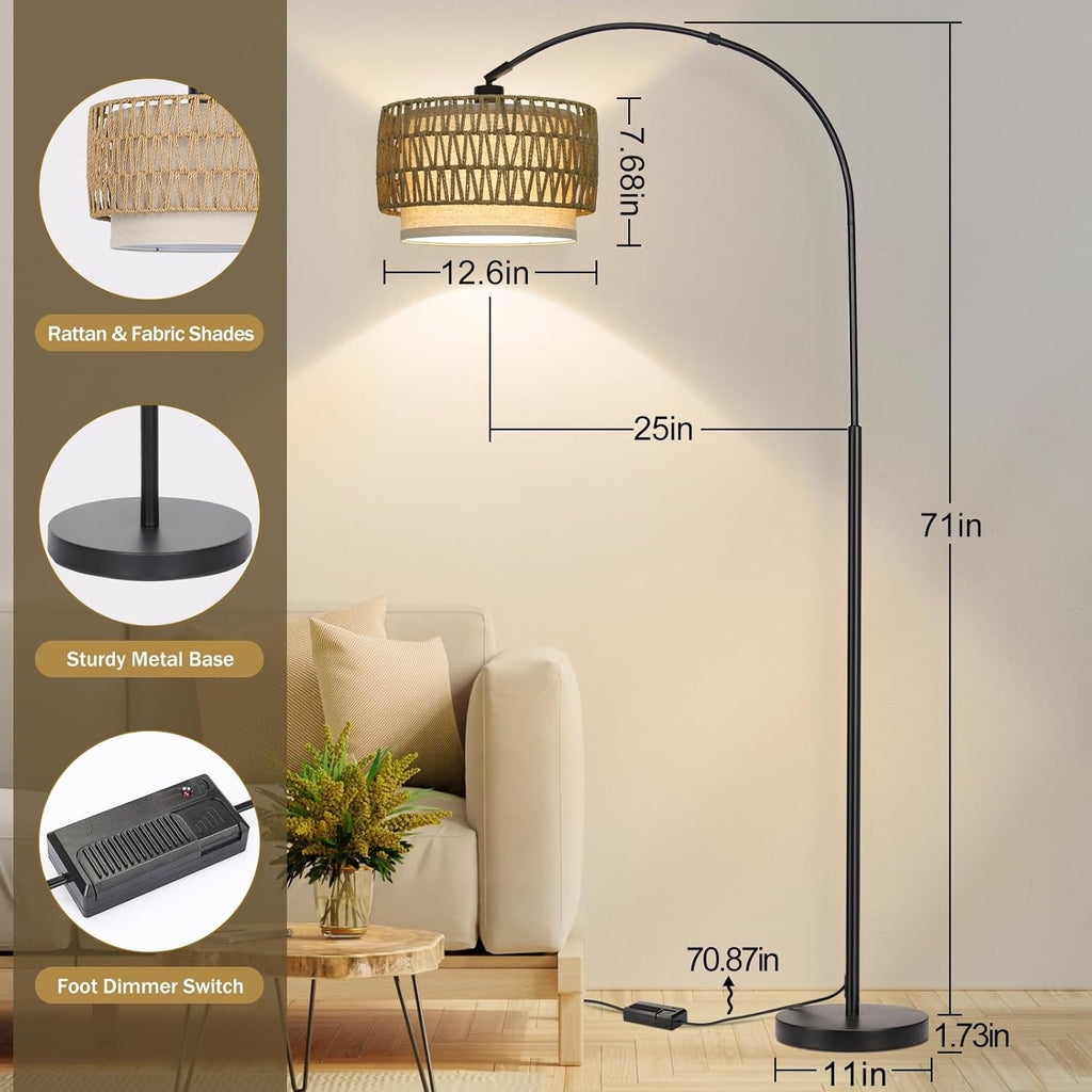 Rattan Floor Lamp, Dimmable Arc Floor Lamps for Living Room, Boho Farmhouse Standing Lamp with Adjustable Head, Tall Pole Lamp Reading…