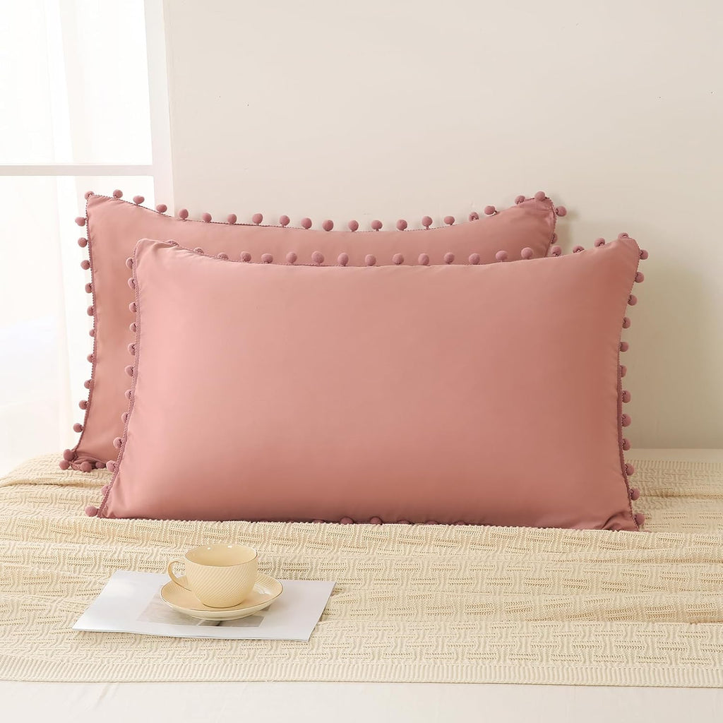 Moveover Bean Paste Pink Pom Poms Pillow Cases, Boho Pillowcases Set of 2, 100% Soft Washed Microfiber, Pink Pillow Shams King, 2 Pack (Kin…