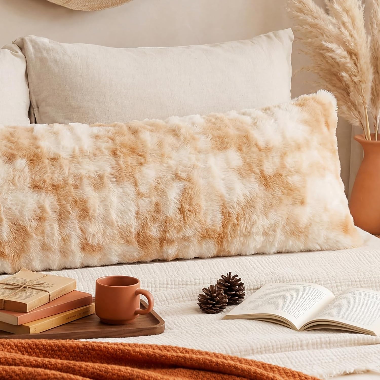 Chumerry Beige Fluffy Body Pillow Cover Faux Fur Pillowcase Extra Soft Fuzzy Plush Long Pillow Cover Gradient Taupe Shaggy Body Pillow Case…