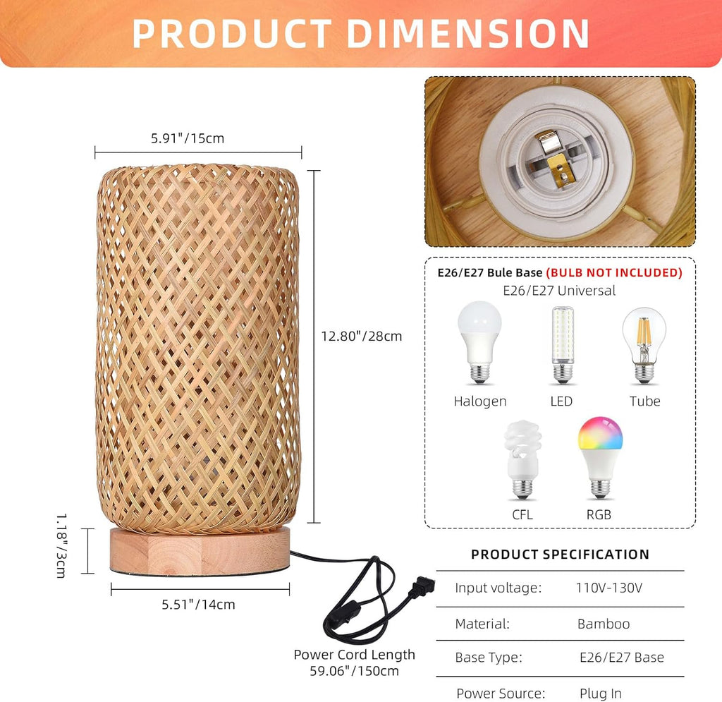 Arturesthome Bamboo Desk Light Woven Boho Beside Lamp Vintage Wicker Wooden Nightstand Lamp for Living Room, Kids Room, Nursery Room Decor