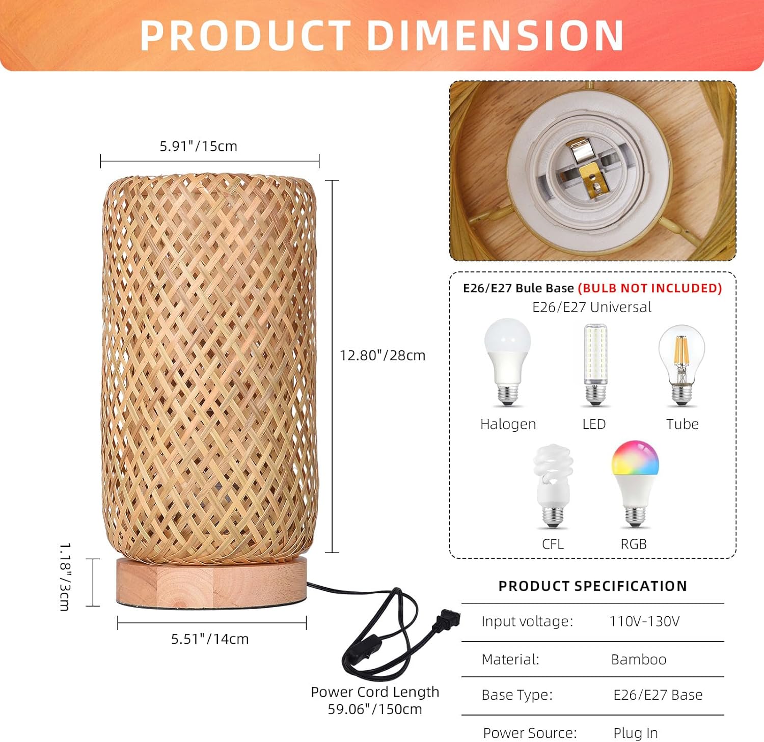 Arturesthome Bamboo Desk Light Woven Boho Beside Lamp Vintage Wicker Wooden Nightstand Lamp for Living Room, Kids Room, Nursery Room Decor
