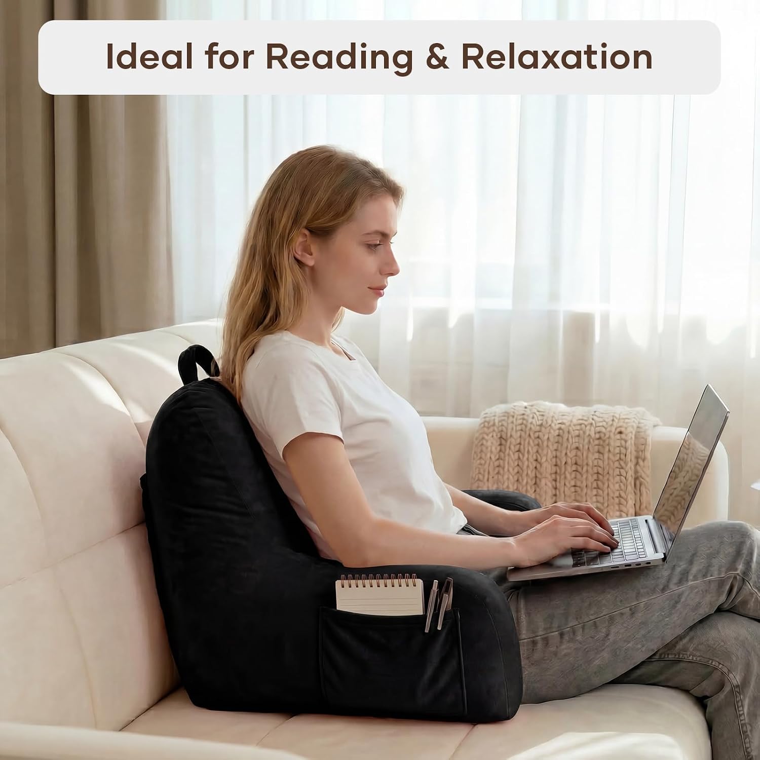 NOONTIDE Reading Pillow for Sitting up in Bed and Couch, Large Back Pillow for Adult & Teens with Soft Adjustable Neck Roll Backrest…