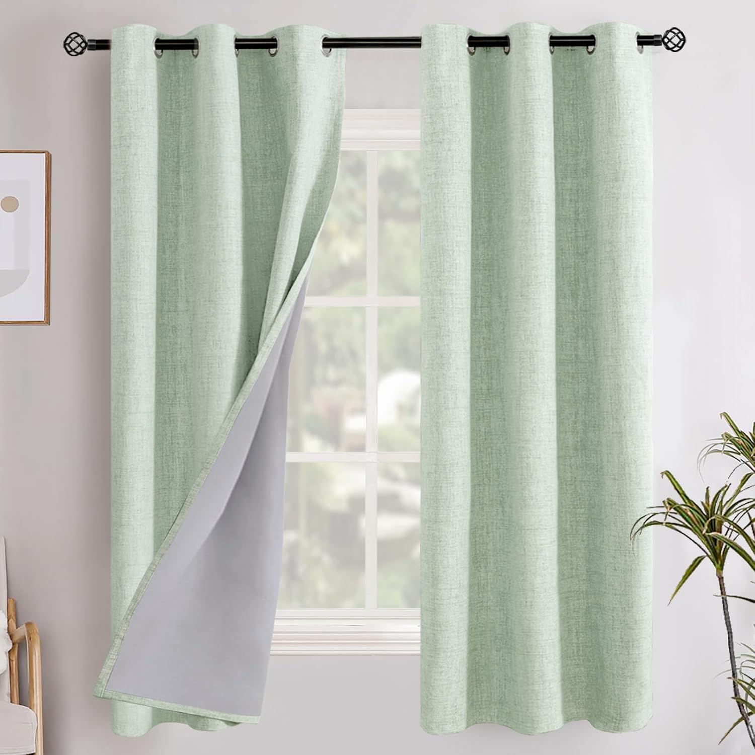 YoungsTex Sage Green Linen Blackout Curtains 63 Inch Length 2 Panels for Bedroom, Room Darkening Window Drapes with Grommet for Living Room…