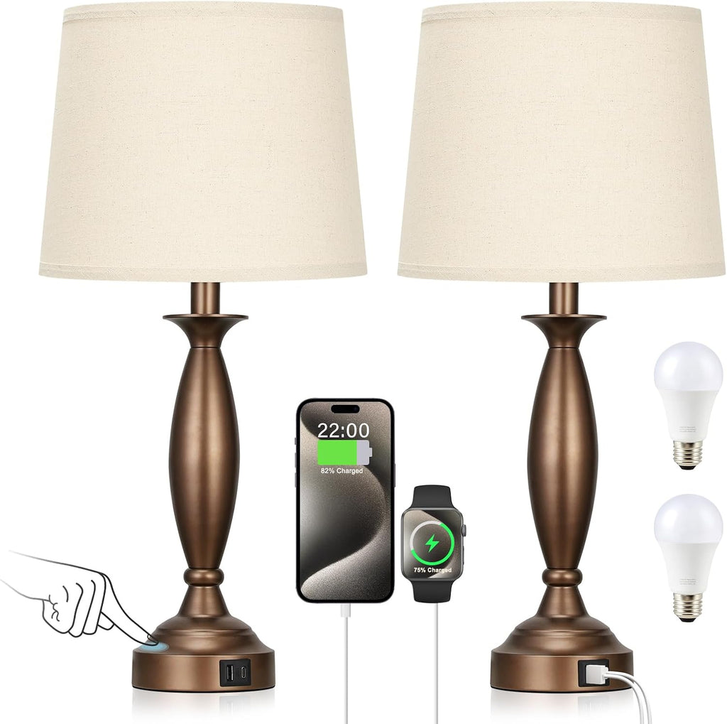 Seealle Beige Brown Lamps for Bedrooms Set of 2 - Touch Control Bedside Lamp with USB C+A, 3 Way Dimmable Nightstand Lamps with USB Port…