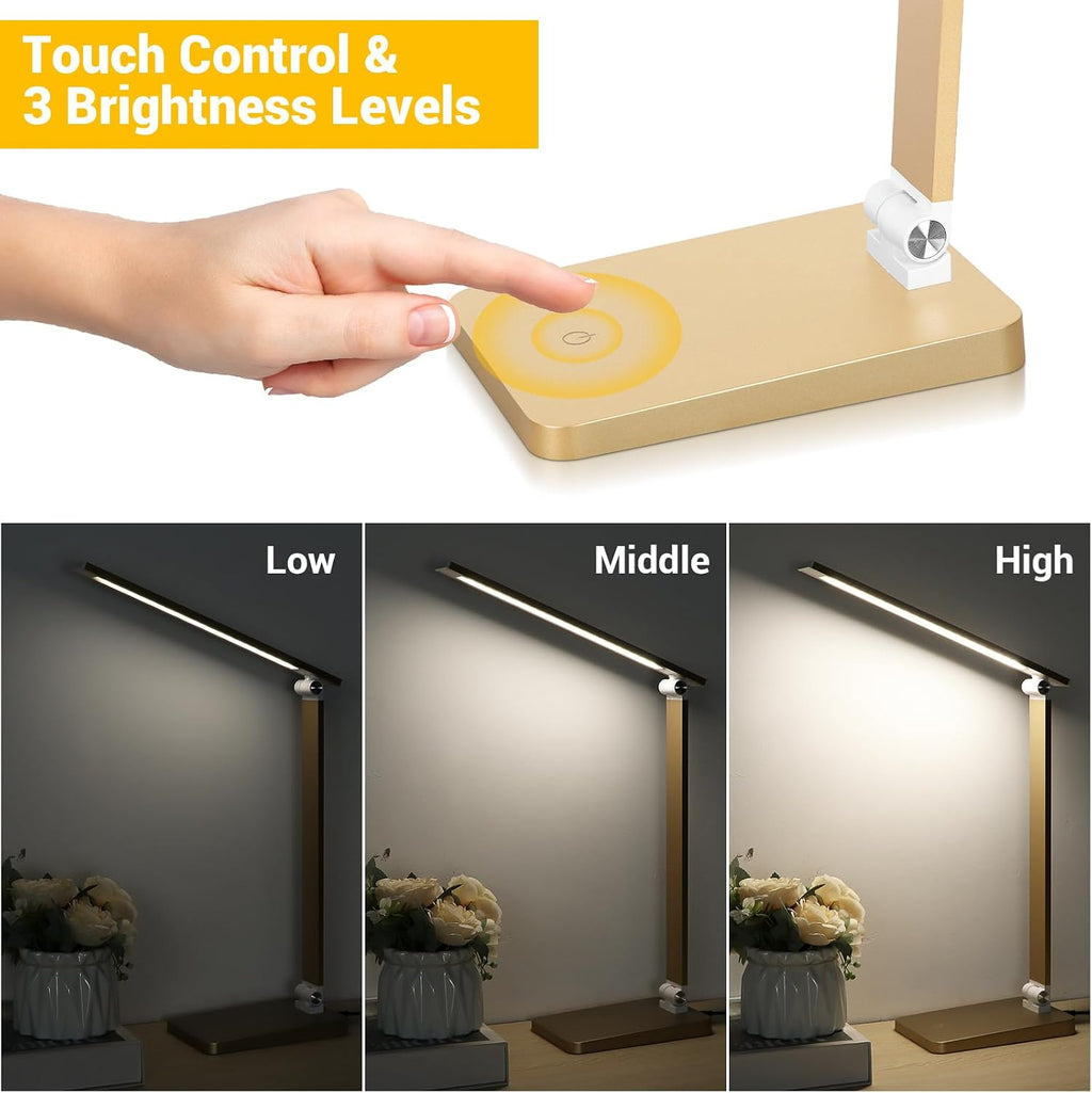 LED Desk Lamp for Home Office, 3 Levels Dimmable Reading Desk Light with USB Charging Port, Desk Accessories Touch Control Table Lamp…