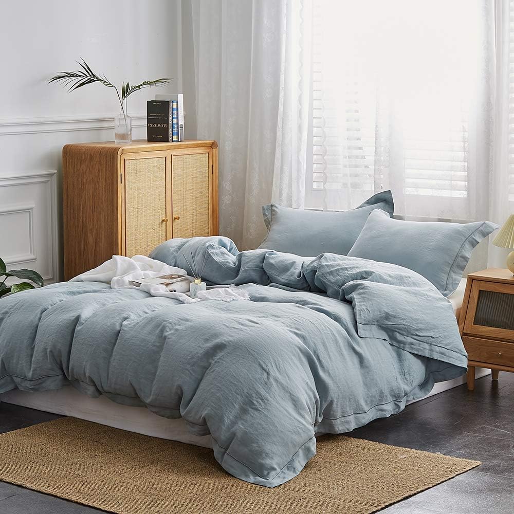 Simple&Opulence 100% Washed Linen Duvet Cover with Embroidered,3 Pieces Soft Farmhouse Comforter Set with Button Closure,1 D…