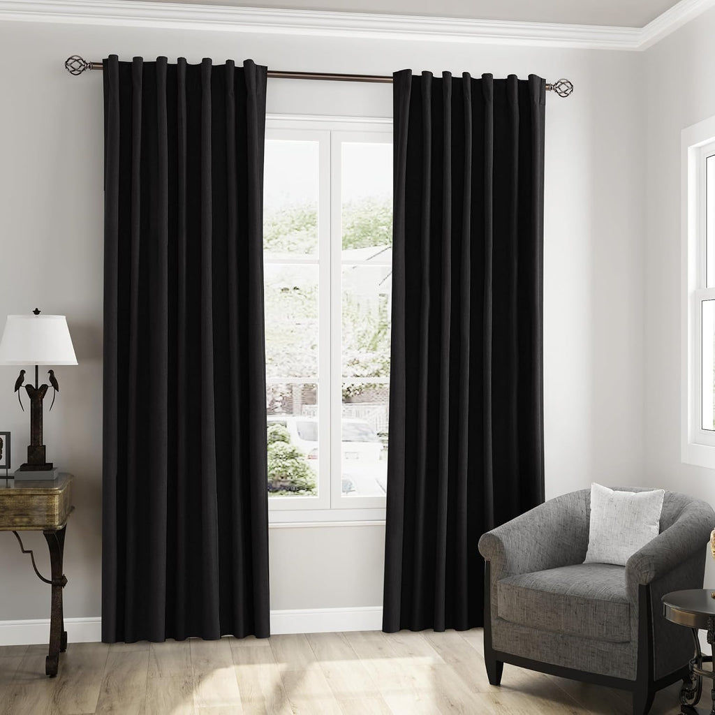 Guken Black 100% Blackout Curtains 84 Inch Length 2 Panels Set for Living Room Bedroom Back Tab Thermal Insulated Black Out Linen Drapes Ro…