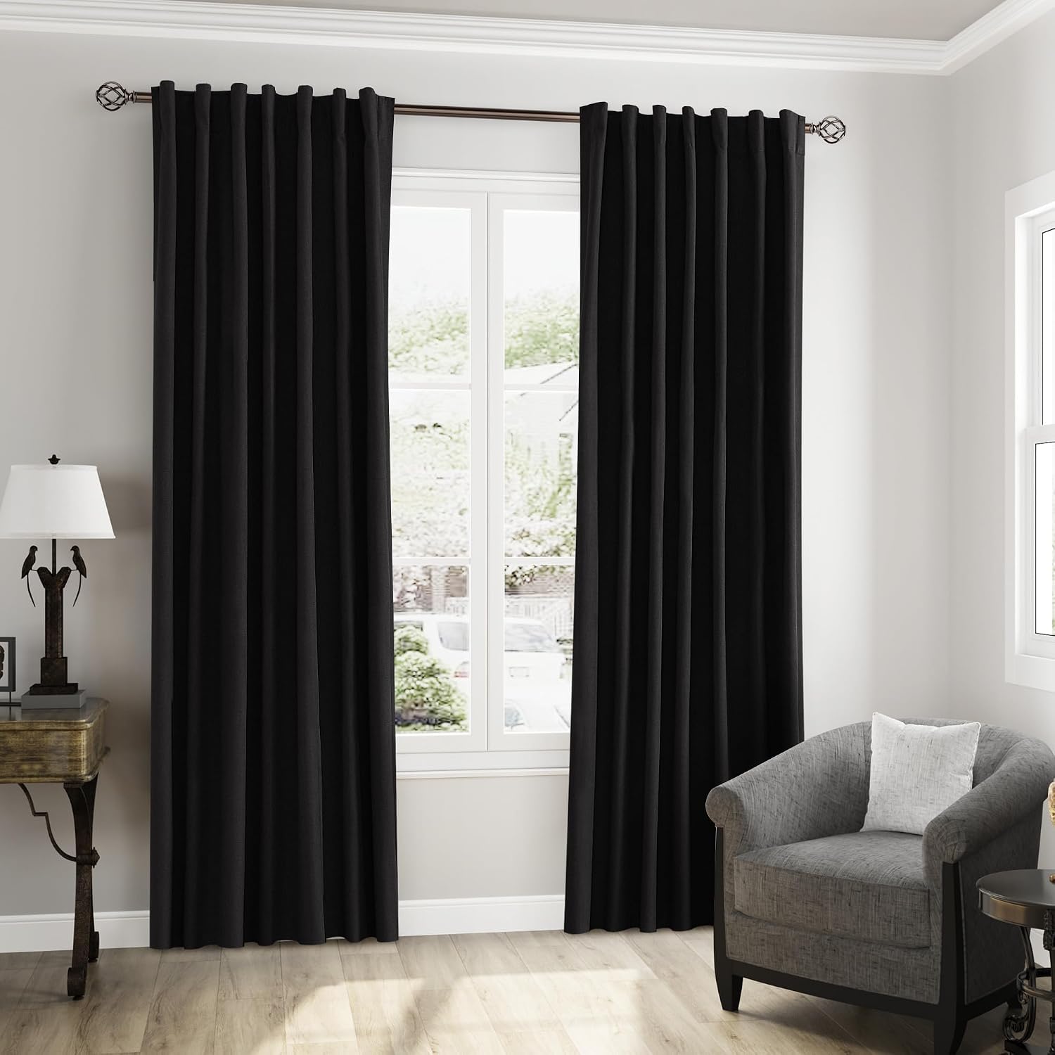 Guken Black 100% Blackout Curtains 108 Inch Length 2 Panels Set for Living Room Bedroom Back Tab Thermal Insulated Black Out Linen Drapes R…