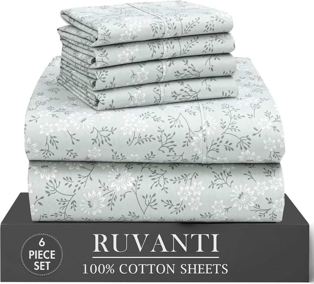 Ruvanti 100% Cotton Percale Sheets Queen Size 6 Piece Set, Cooling Bed Sheets for Hot Sleepers, Deep Pocket 16”, Breathable Lightweight & D…