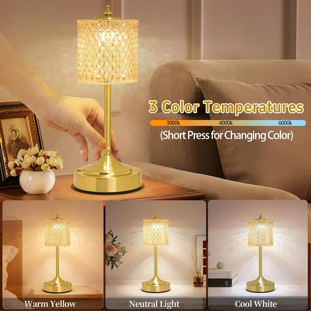 Cordless Crystal Table Lamp, 5200mAh Rechargeable Battery, 3 Color Dimmable Touch Control, Portable Vintage Gold Desk Lamp for Bedroom…