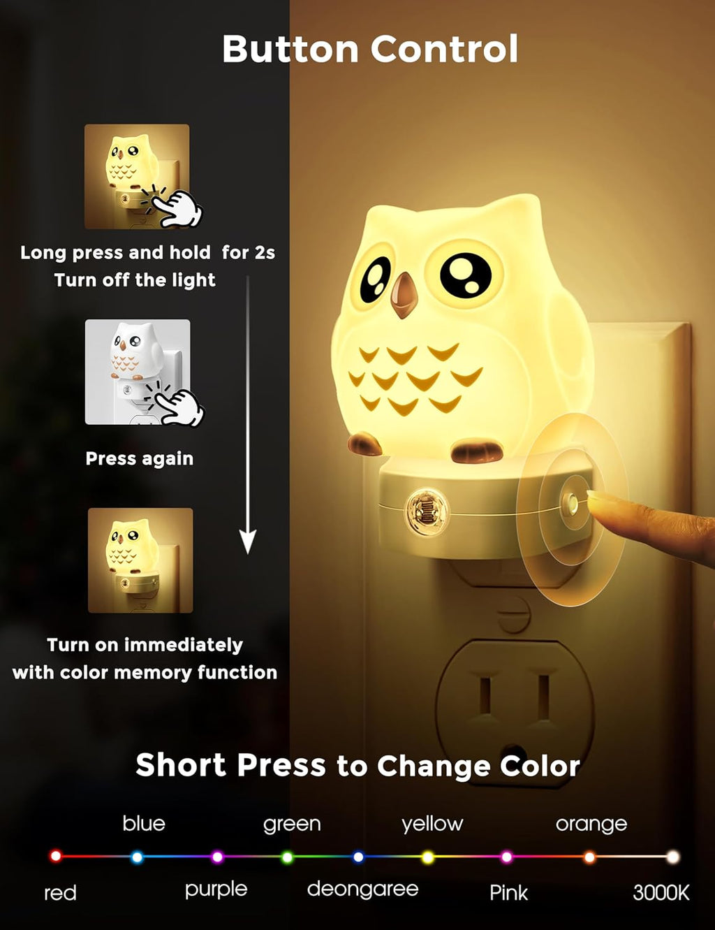 L LOHAS LED Owl Night Light for Kids, 3D Owl Night Light Plug in Wall, Dusk to Dawn Sensor, 8-Color Changing+Soft White 3000K, 3 Lighting…