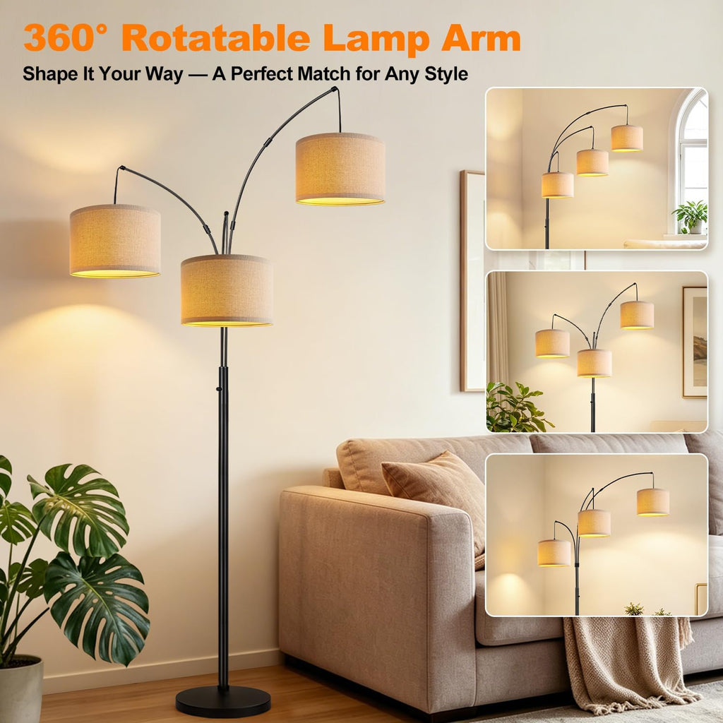 Dimmable 3 Lights Floor Lamp - 3000LM Super Bright Arc Floor Lamps for Living Room, Modern Tall Standing Lamp With Beige Shades, Mid…