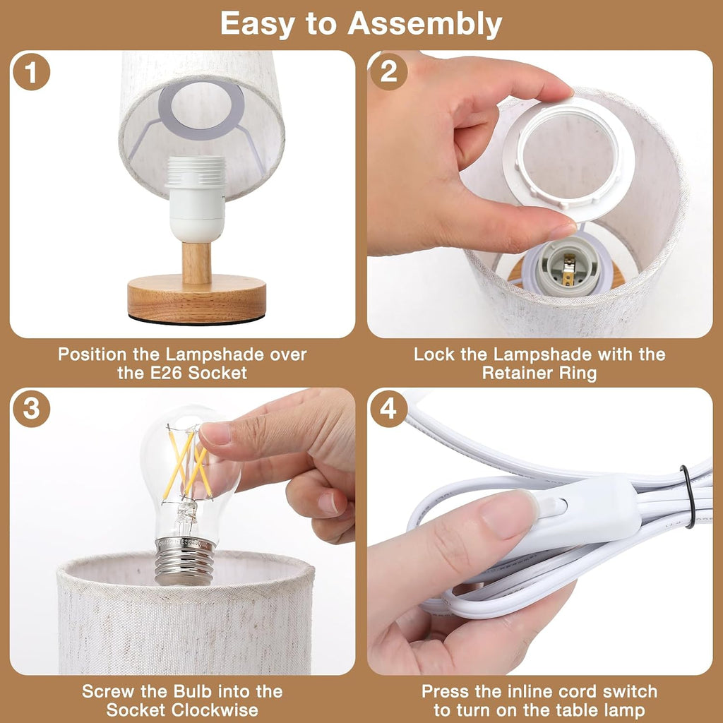 Fenmzee Small Table Lamp for Bedroom - Inline Control, Bedside Lamp with 3000K A15 LED Blub, Easy Assembly (Cream Shade - Wood Base, 9"…