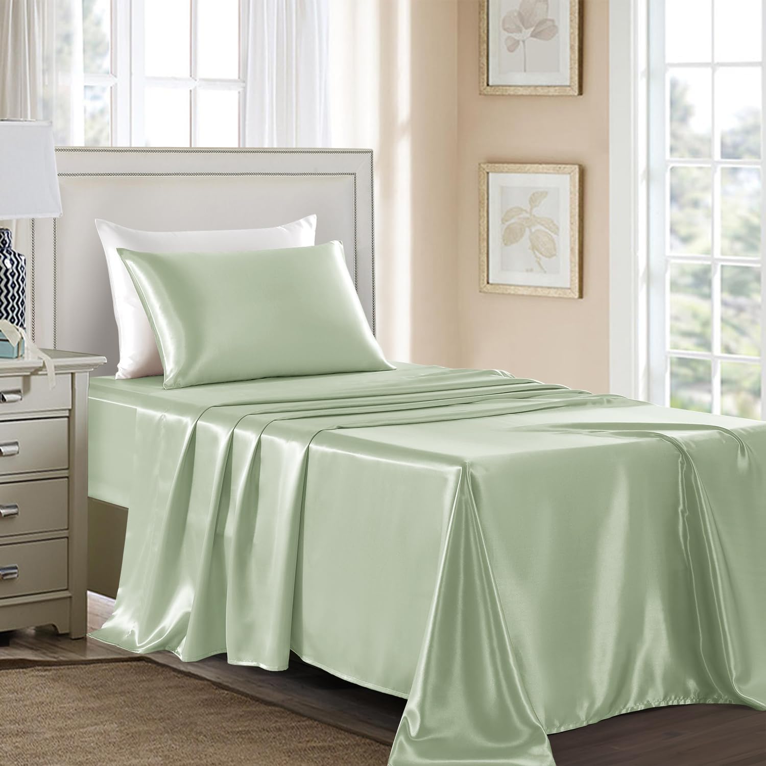 Golal Satin Sheets Twin XL Size - 3 Pieces Luxury Silky Soft Bed Sheets, Wrinkle-Free Sage Green Satin Silk Sheet Set with 1 Deep Pocket Fi…