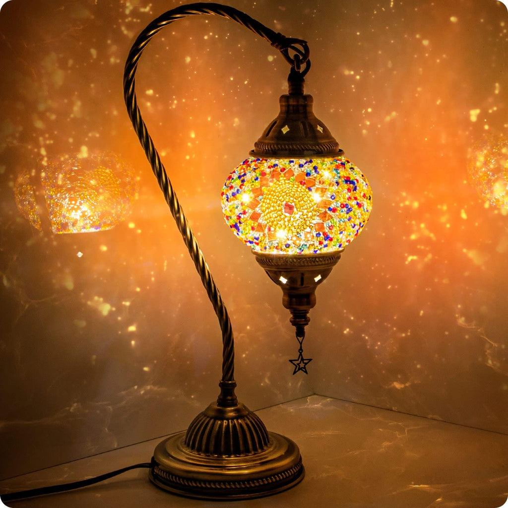 Yarra-Decor Turkish Moroccan Lamp with Bronze Base 3 Color Options Handmade Swan Neck Tiffany Mosaic Glass Bedside Lamps for Bedroom (LED…