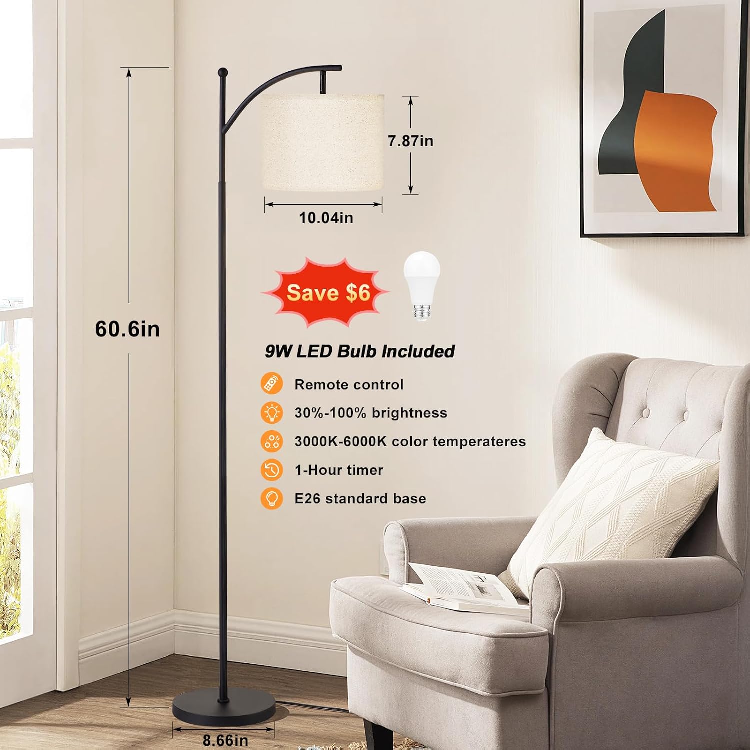 Ambimall 60" Floor Lamp with Remote Control and Stepless Dimmable Bulb, Colors Temperature & Brightness Adjustable, Modern Floor Lamps…