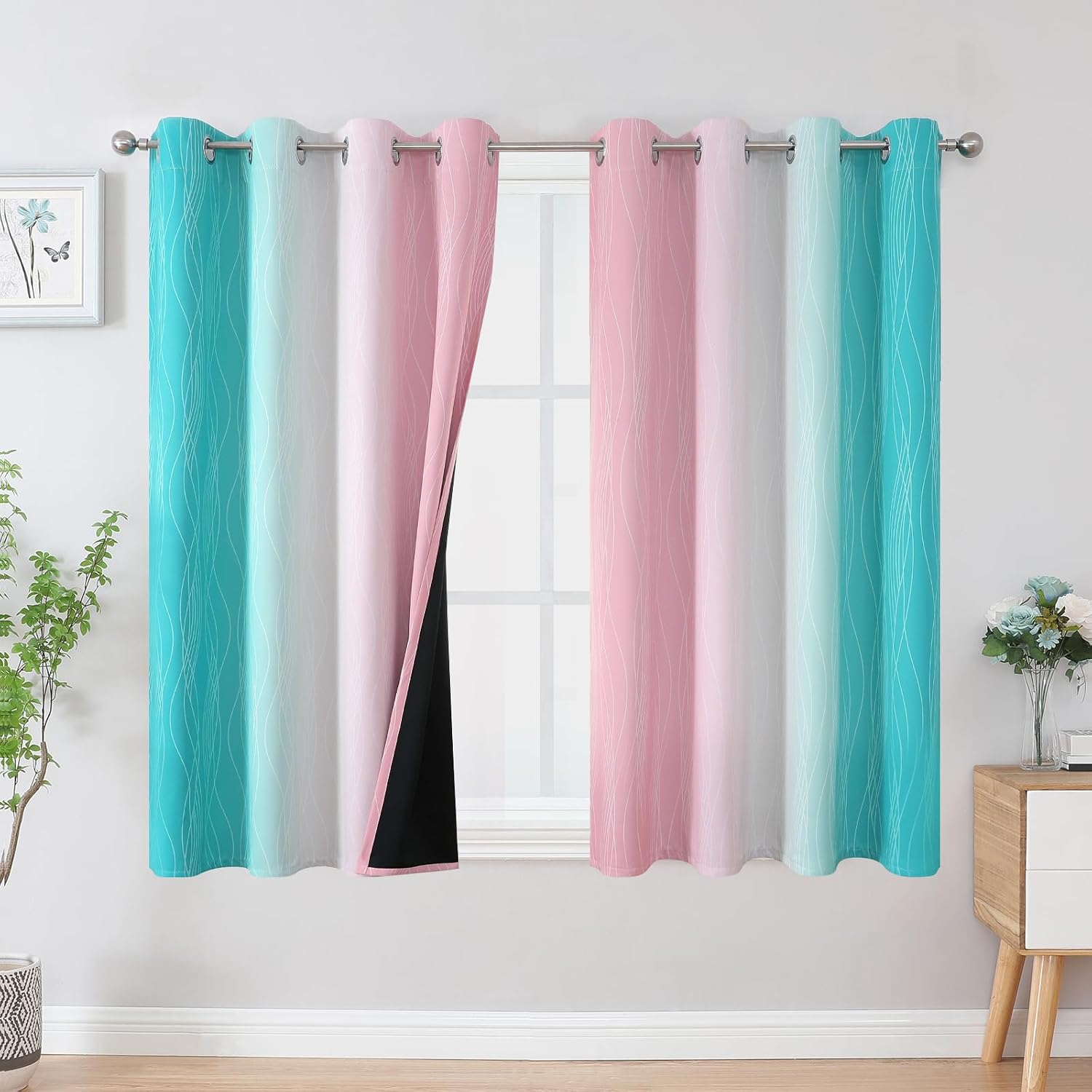 Estelartextiler Estelar Textiler Pink and Teal Blackout Curtains 54 Inch Length, Full Light Blocking Gradient Grommet Drapes for Living Roo…