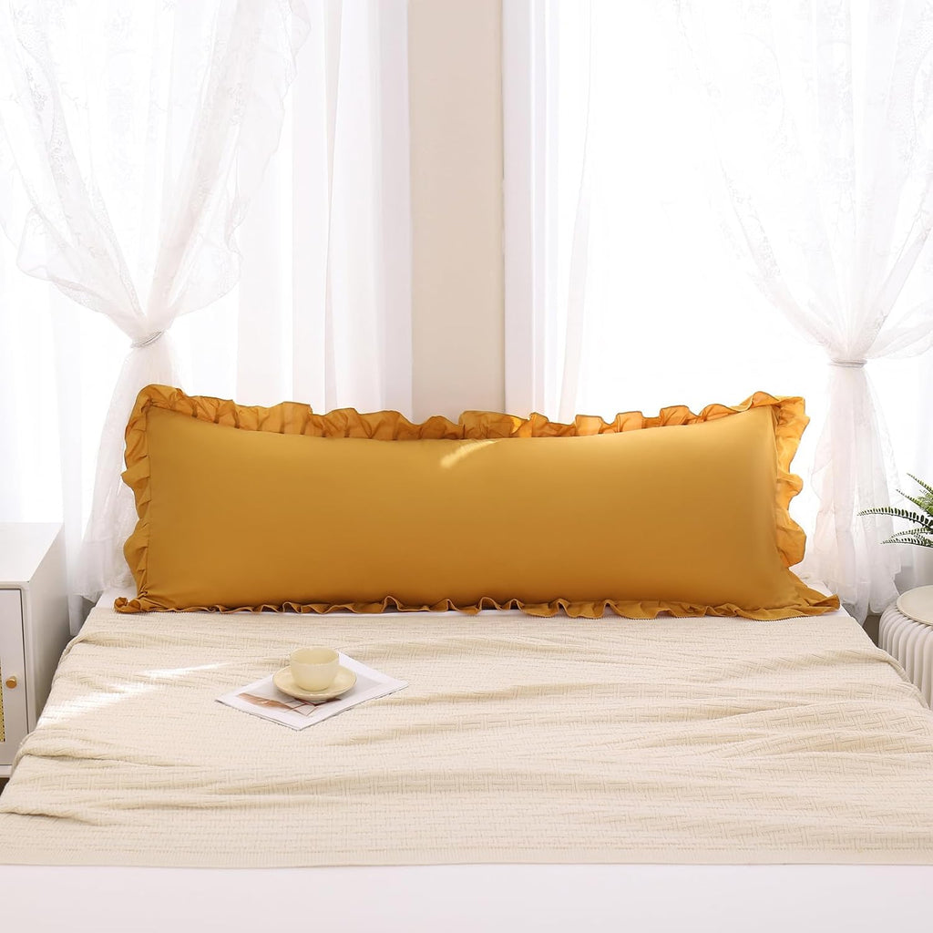 Merryword Mustard Yellow Body Pillow Cover 20x54inches Long Pillowcase Yellow Ruffled Chic Boho Pillowcases Ruffled Fringe Decor Body Ruffl…