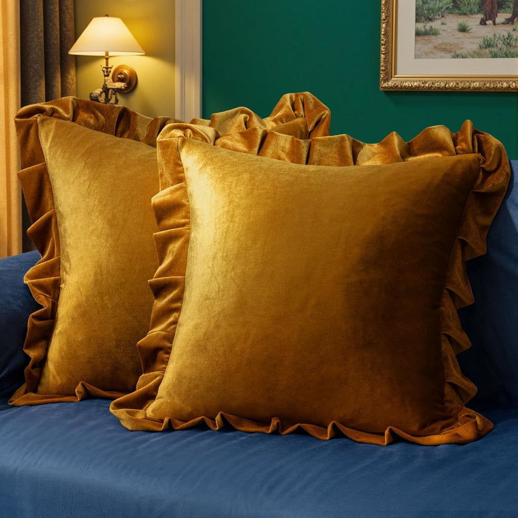 MIULEE Velvet Ruffle Throw Pillow Covers Soft Luxurious Golden Camel Pack of 2 18x18 Inch Square Cushions Vintage Gothic Decorative…