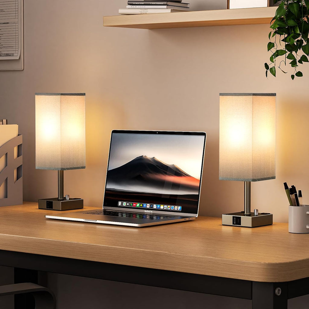 aooshine Grey Fully Dimmable Nightstand Lamps Set of 2 - Table Bedside Lamp with USB C+A Charging Ports & 2 AC Outlets, Square Lamp Sets…