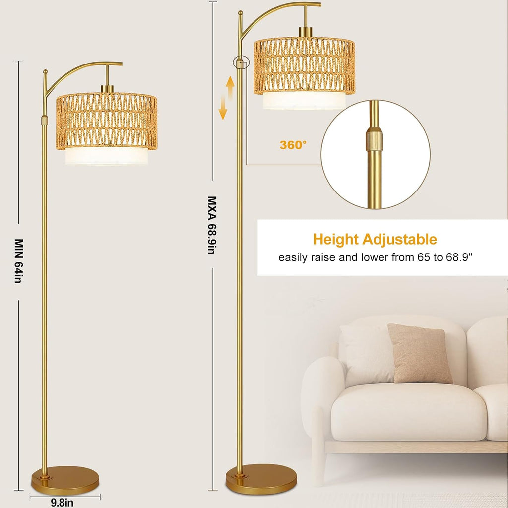 Gold Floor Lamps for Living Room Rattan Boho Floor Lamp with Remote Control & 3 Color Temperature, Dimmable Arc Floor Lamps Wicker Lamp…