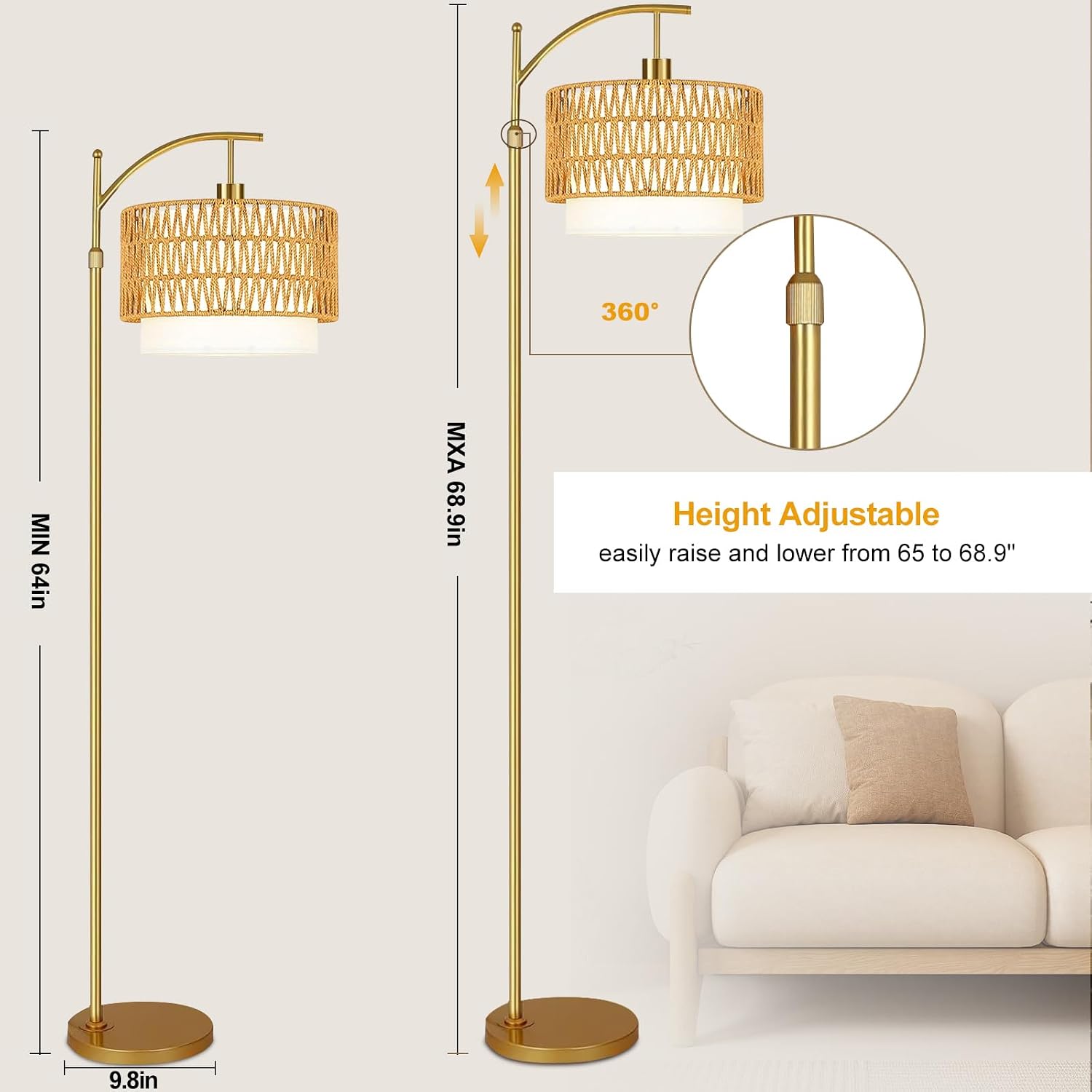 Gold Floor Lamps for Living Room Rattan Boho Floor Lamp with Remote Control & 3 Color Temperature, Dimmable Arc Floor Lamps Wicker Lamp…