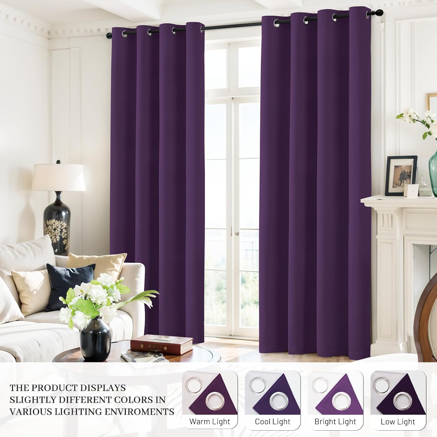 Yakamok Room Darkening 100% Blackout Curtains Grommet Window Treatments with 2 Thick Layers-Purple Thermal Insulated Drapes Set of 2 Panels…