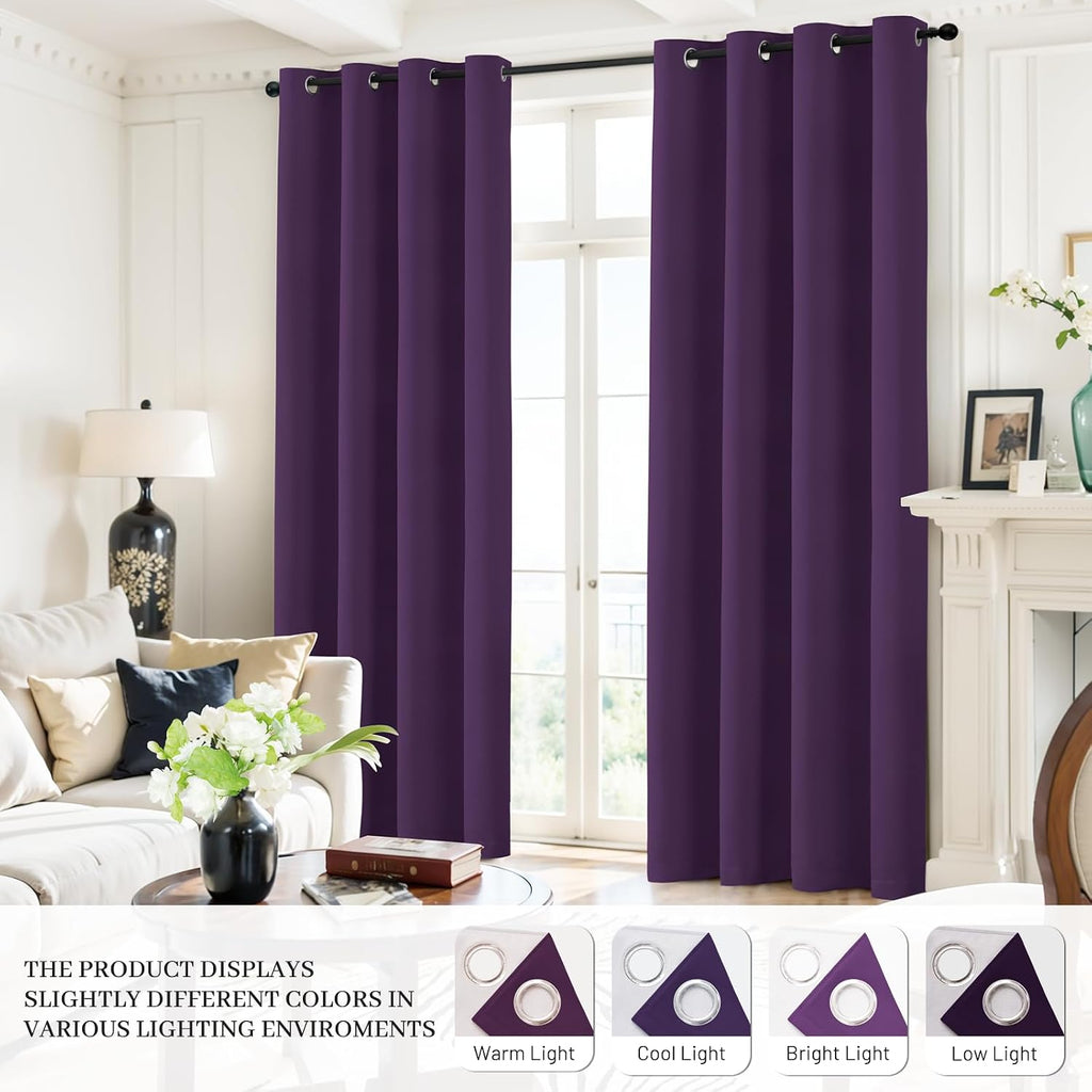 Yakamok Room Darkening 100% Blackout Curtains Grommet Window Treatments with 2 Thick Layers-Purple Thermal Insulated Drapes Set of 2 Panels…