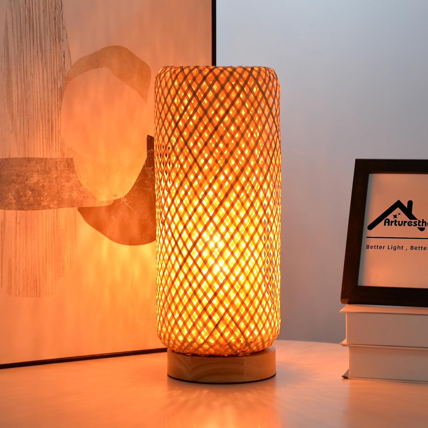 Arturesthome Bamboo Table Lamps with Shade, Rustic Farmhouse Boho Coastal Desk Lamp Night Light for Decorative Bedroom, Study Room, Cafe…
