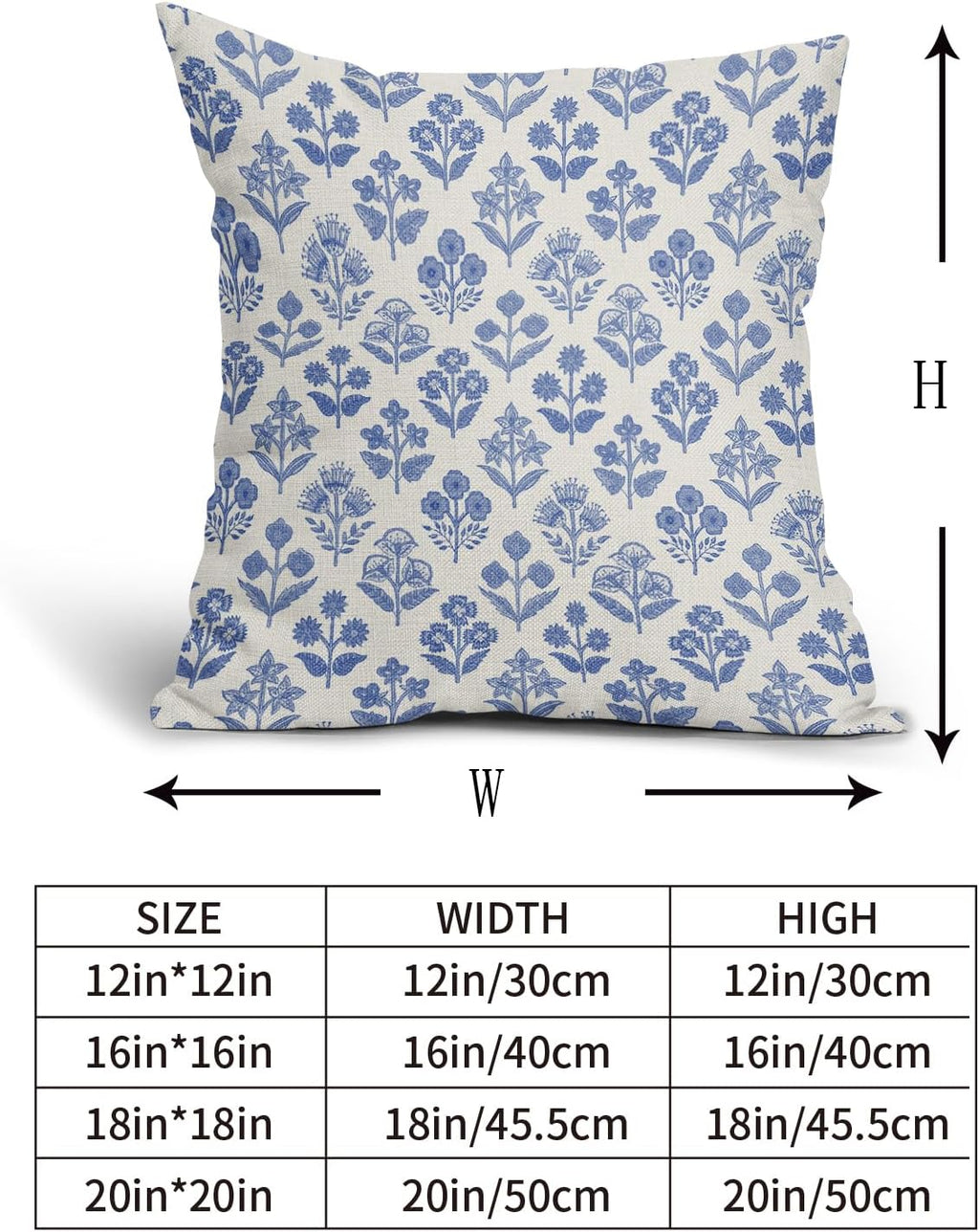 Blue Floral Pillow Covers 24x24 Inch Set of 2, Vintage Flower Block Print Pattern Decorative Throw Pillowcases Outdoor Farmhouse Cushion…