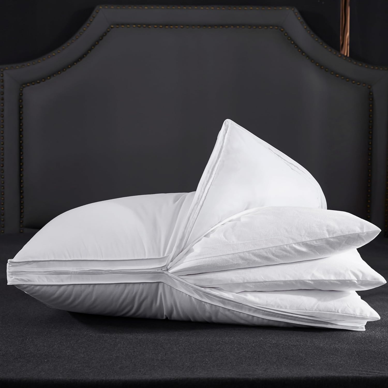 Three Geese Adjustable Layer Goose Feather Pillow, Assemblable Bed Pillow,100% Soft Organic Cotton Cover, Good for Side and Back Stomach…