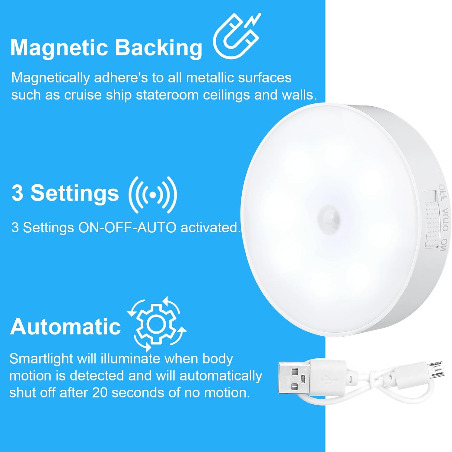 Glooglitter 1 Pcs Magnetic Cruise Ship Motion Sensor Light with USB Cable LED Rechargeable Night Light Battery Nightlight Safe Cordless…