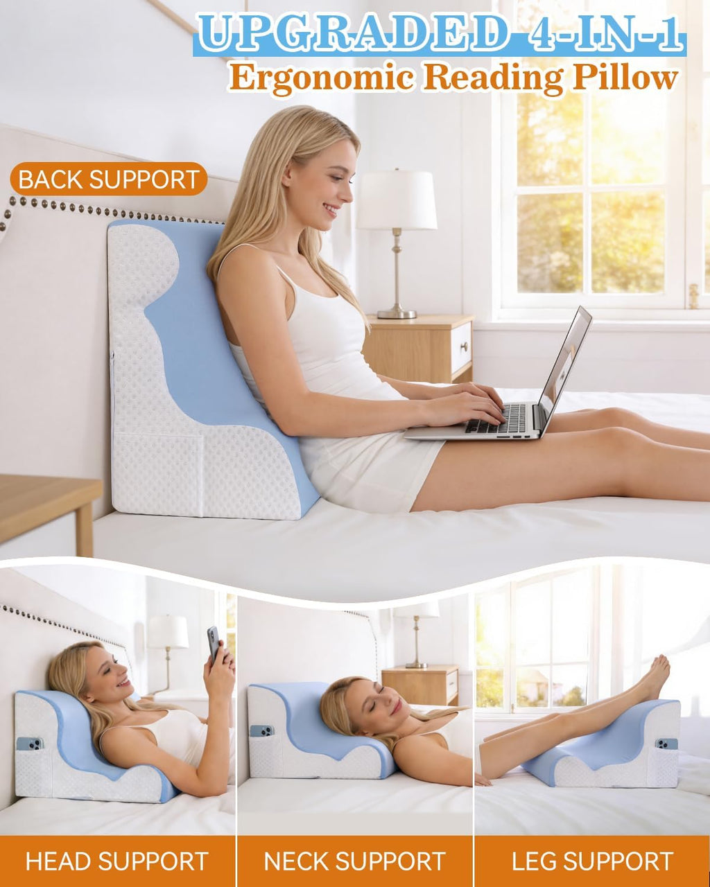 Reading Pillow for Sitting in Bed, Back Pillow for Sitting Up & Bed Wedge Pillow for Sleeping, Lumbar Rest & Neck Support Bed Pillows…