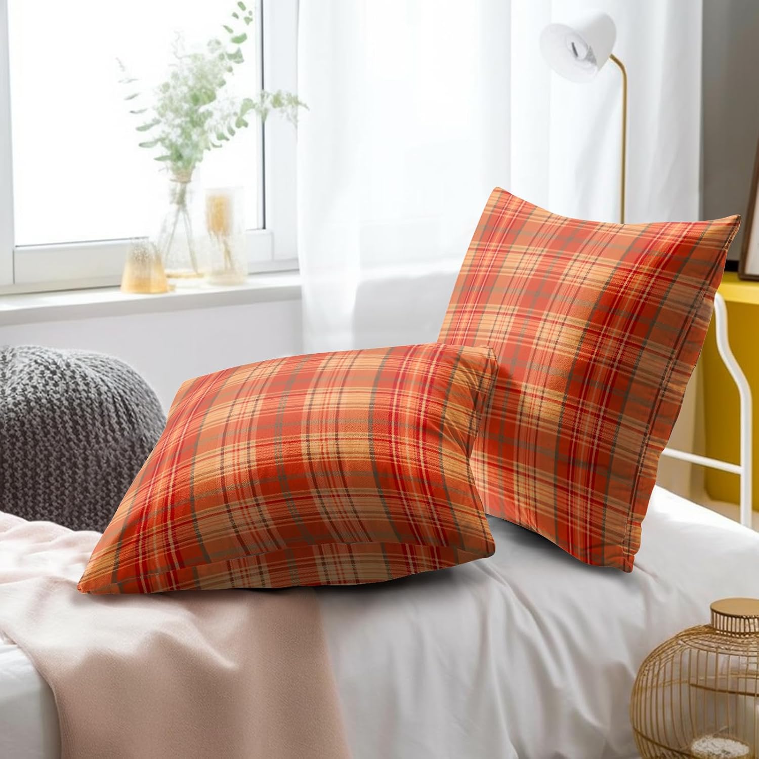 Fall Plaid Throw Pillow Covers 16x16inch Set of 2 Burnt Orange Buffalo Plaid Print Pillowcase Autumn Colored Tartan Thanksgiving…