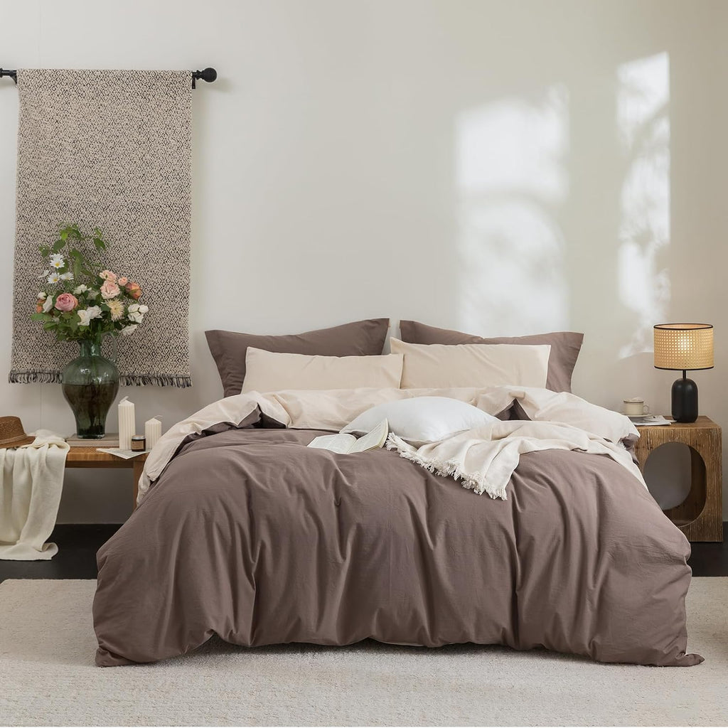 Bdear 3 Pieces Reversible Duvet Cover Set Full Size 80x90 inch, 100% Washed Cotton Duvet Cover Plus 2 Pillowcases, Double Sided with INS St…