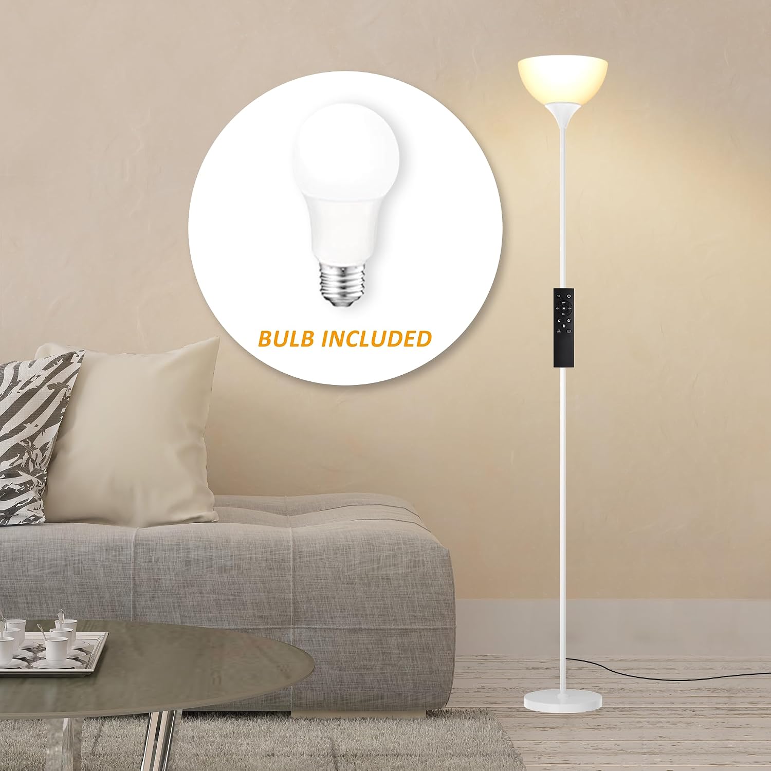 PESRAE Floor Lamp, Remote Control with Stpeless Color Temperatures and Brightness, Torchiere lamp for Bedroom, Living Room, Bulb Included