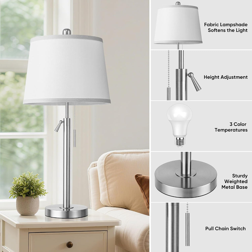Bedside Table Lamps Set of 2, Tall Silver Table Lamps for Living Room, Height Adjustable Nightstand Lamps for Bedroom, Modern Lamps with…