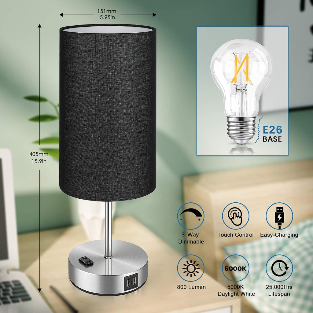Brightever Black Touch Control Table Lamp Set of 2, with 2 USB Charging Ports&AC Outlet, 3-Way Dimmable Bedside Nightstand Lamps with Fabri…
