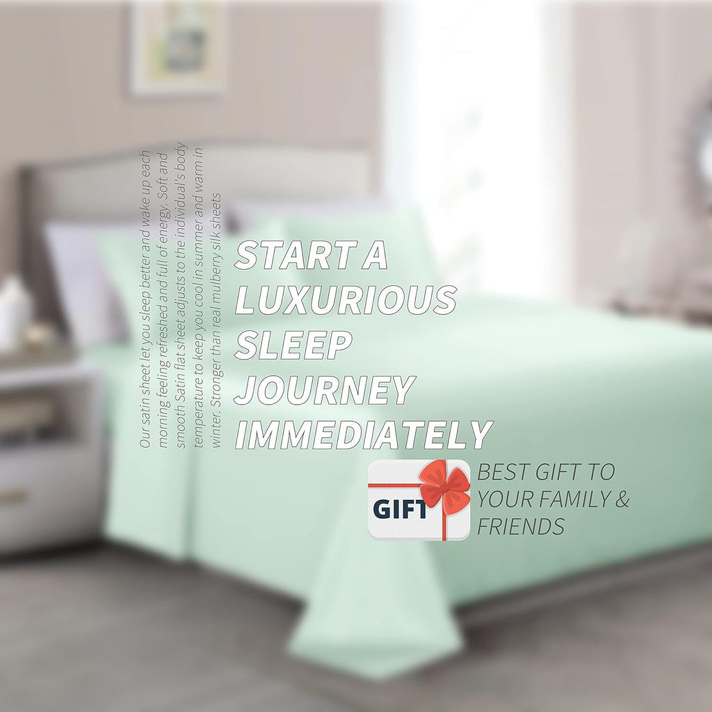Cobedzy 4 Pcs Mint Green Satin Sheets Queen Size Silky Satin Bedding Sheets Set with 1 Deep Pocket Fitted Sheet, 1 Flat Sheet, 2 Pillowcase…