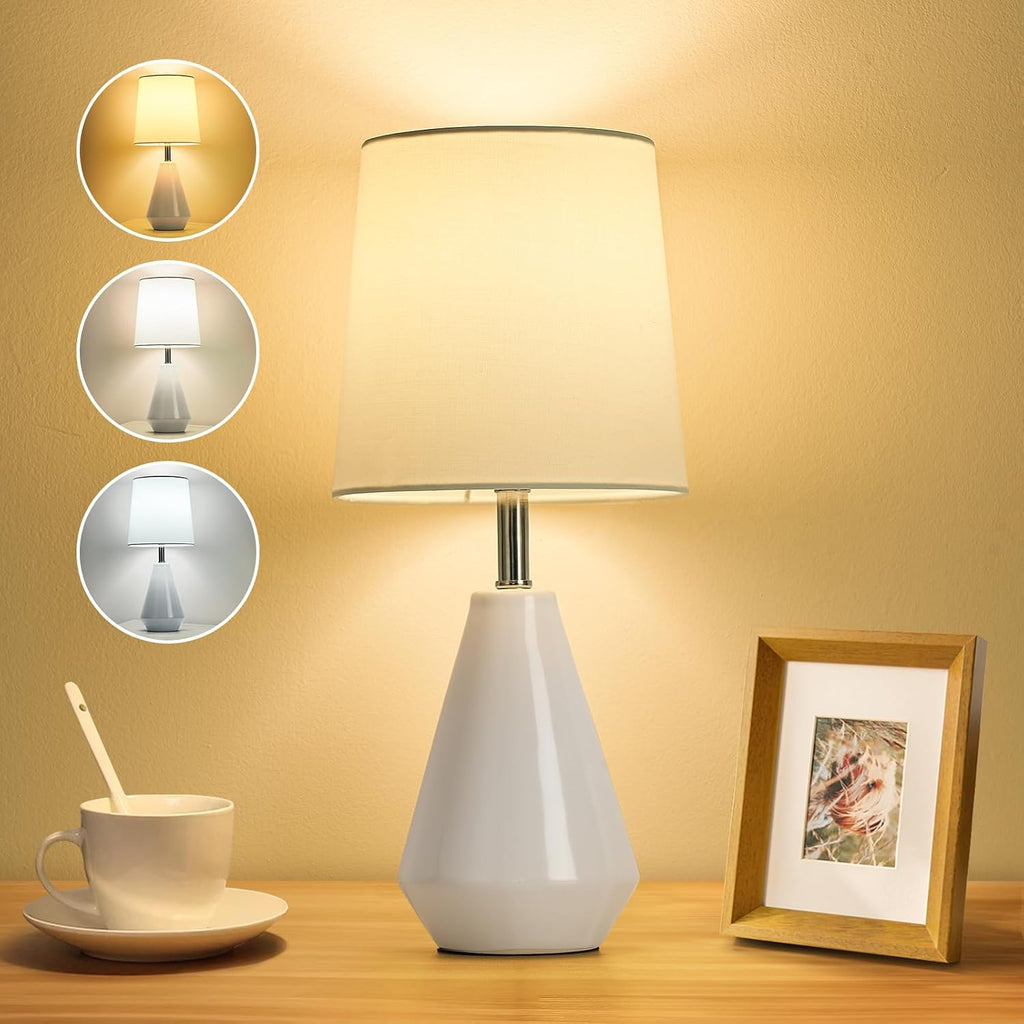 Small Bedside Table Lamp for Bedroom - Reading Desk Lamp with 3 Color Temperatures,15.5" Nightstand Ceramic Lamp with Fabric Shade for…