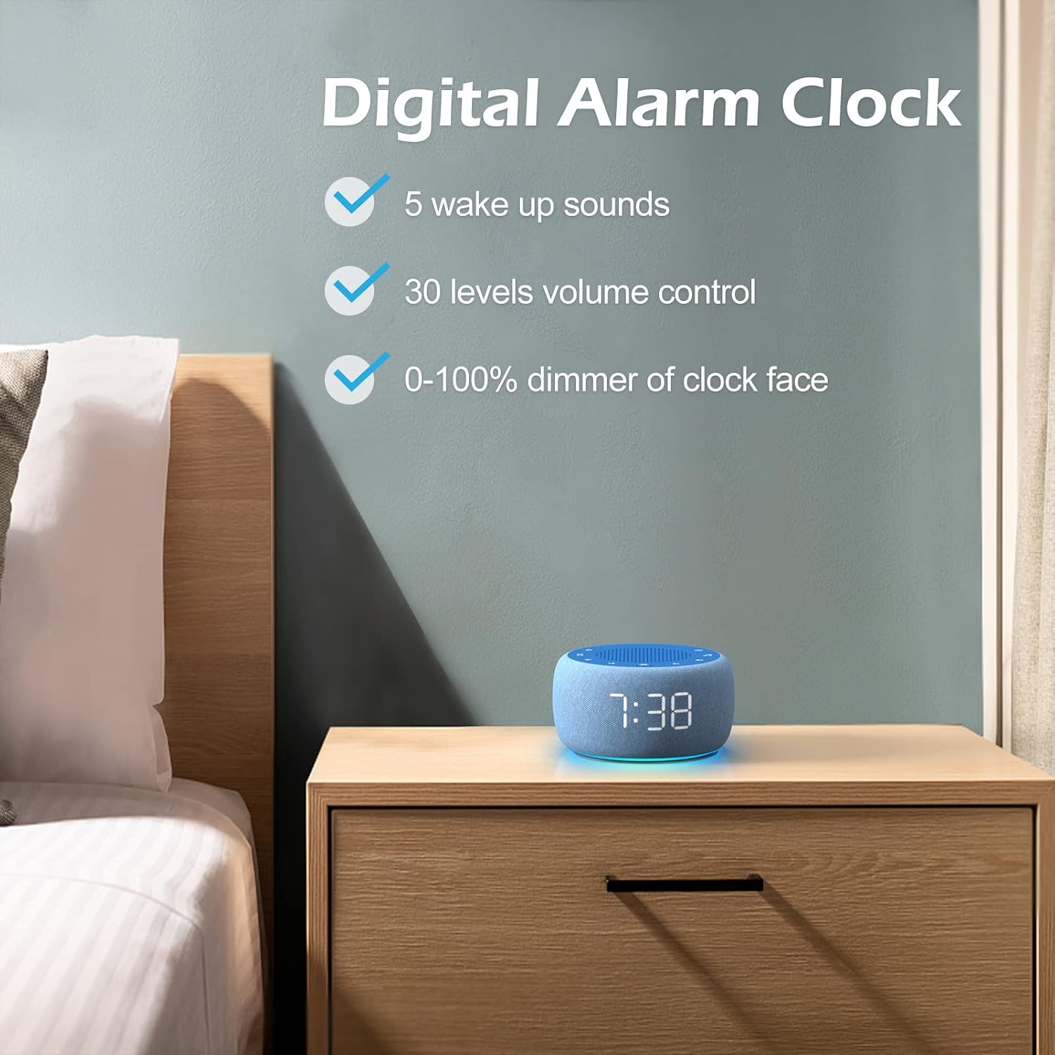Buffbee Sound Machine & Alarm Clock 2-in-1, 0-100% Clock Face Brightness, Bottom Colored Light, Sleep Timer, Precise 30-Level Volume…