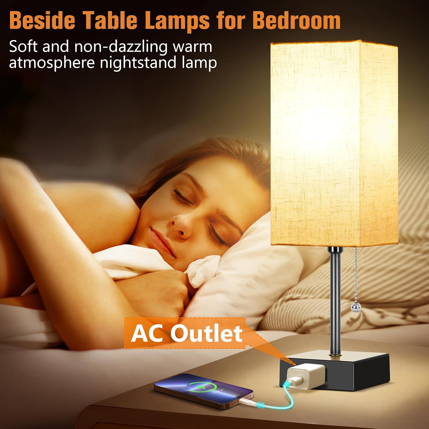 Table Lamp for Bedroom Set of 2, Bedside Lamps with 3 Color Temperatures Night Light, Lamp for Night Stands with AC Outlet and Square…