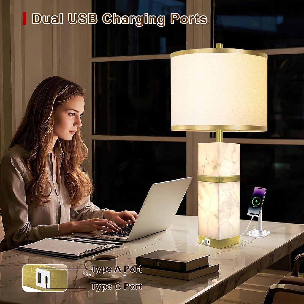 Natural Alabaster Table Lamps Set of 2 - Table Lamp with Night Light for Bedroom, Nightstand Lamps with USB Ports, Bedside Lamps with Linen…