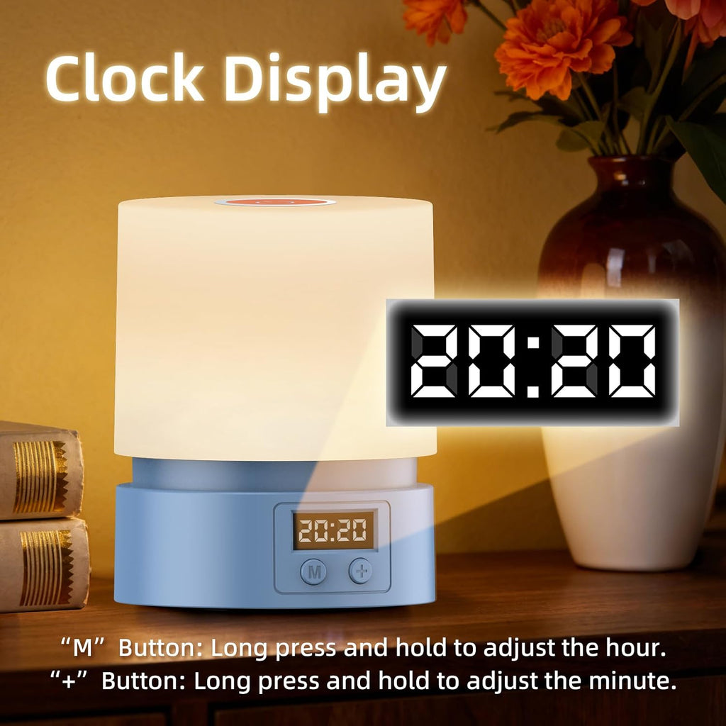 Nursery Night Light with Clock for Kids, Touch Lamp Bedside Desk Lamp, Portable Breastfeeding Night Lamp for Baby, 3 Color Stepless…