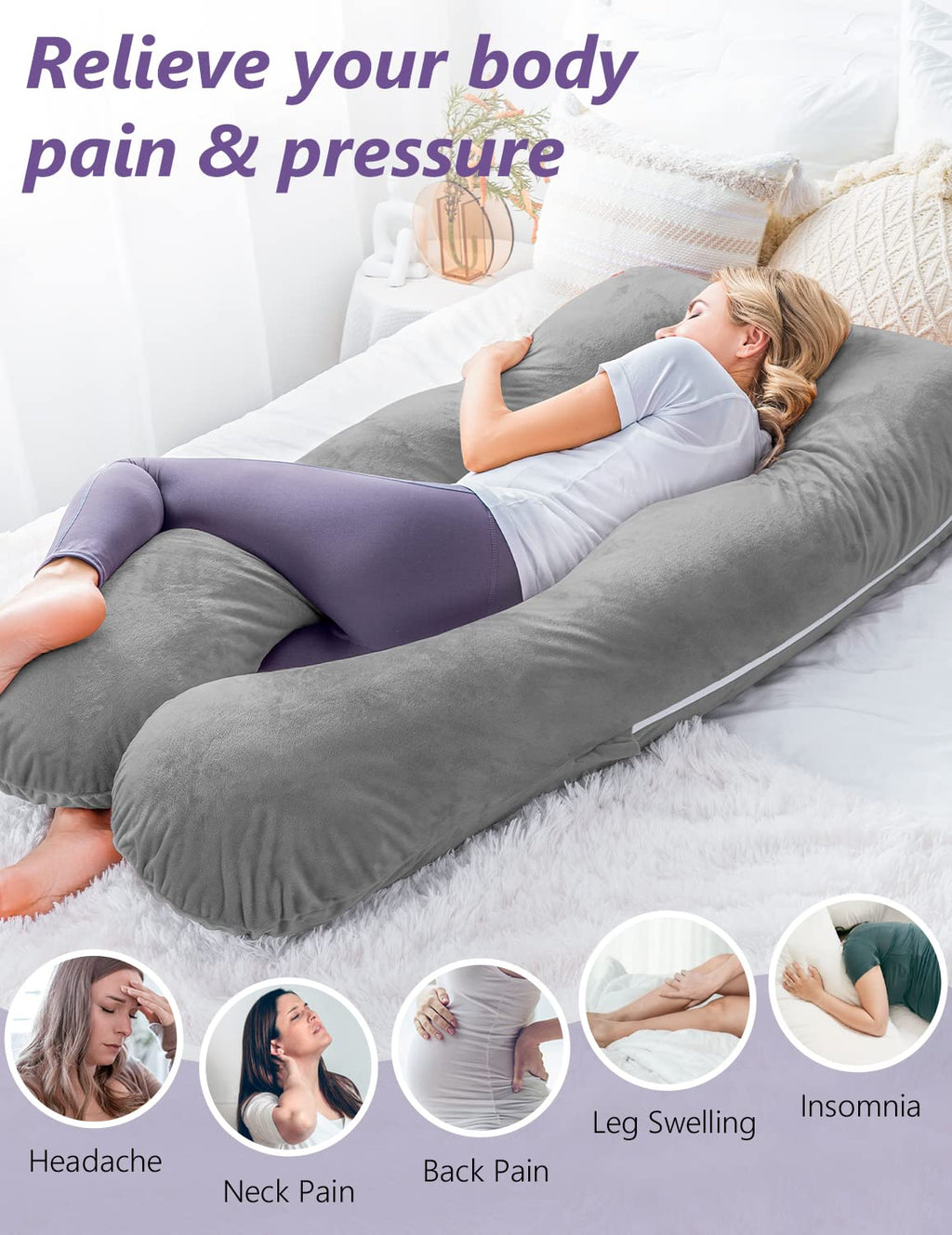 Meiz Pregnancy Pillow, U Shaped Pregnancy Body Pillow with Zipper Removable Cover (Gray- Velvet) 0 Count 55 Inch Gray