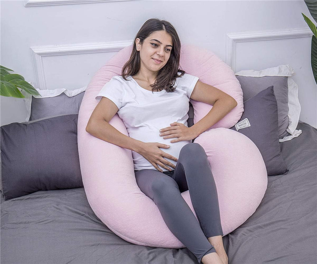 1 MIDDLE ONE Pregnancy Pillow, C Shaped Body Pillow for Maternity Support, Pregnant Women Sleeping Pillow with Velour Cover (Light Pink)