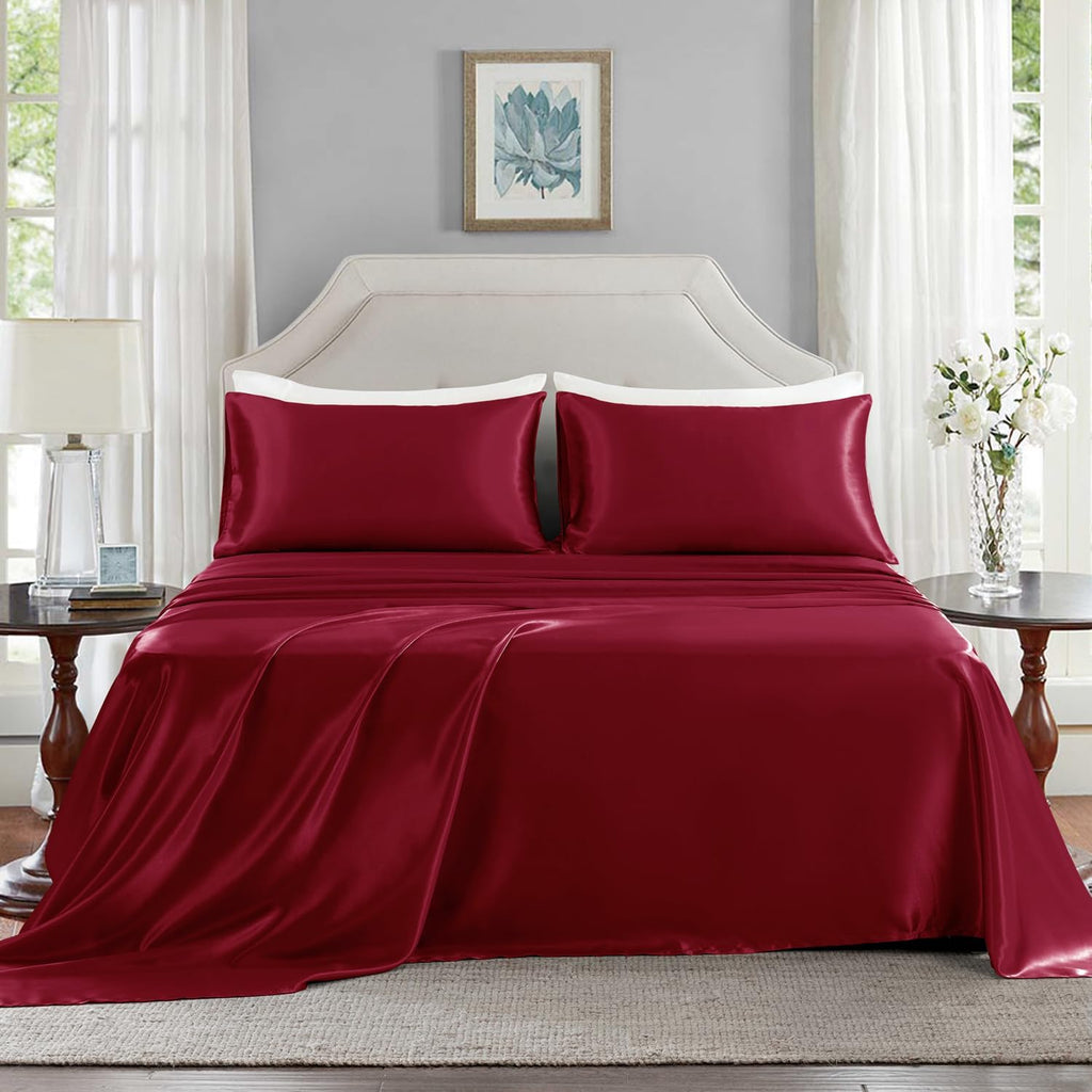 Golal Satin Sheets King Size - 4 Pieces Luxury Silky Soft Bed Sheets, Wrinkle-Free Burgundy Satin Silk Sheet Set with 1 Deep Pocket Fitted…
