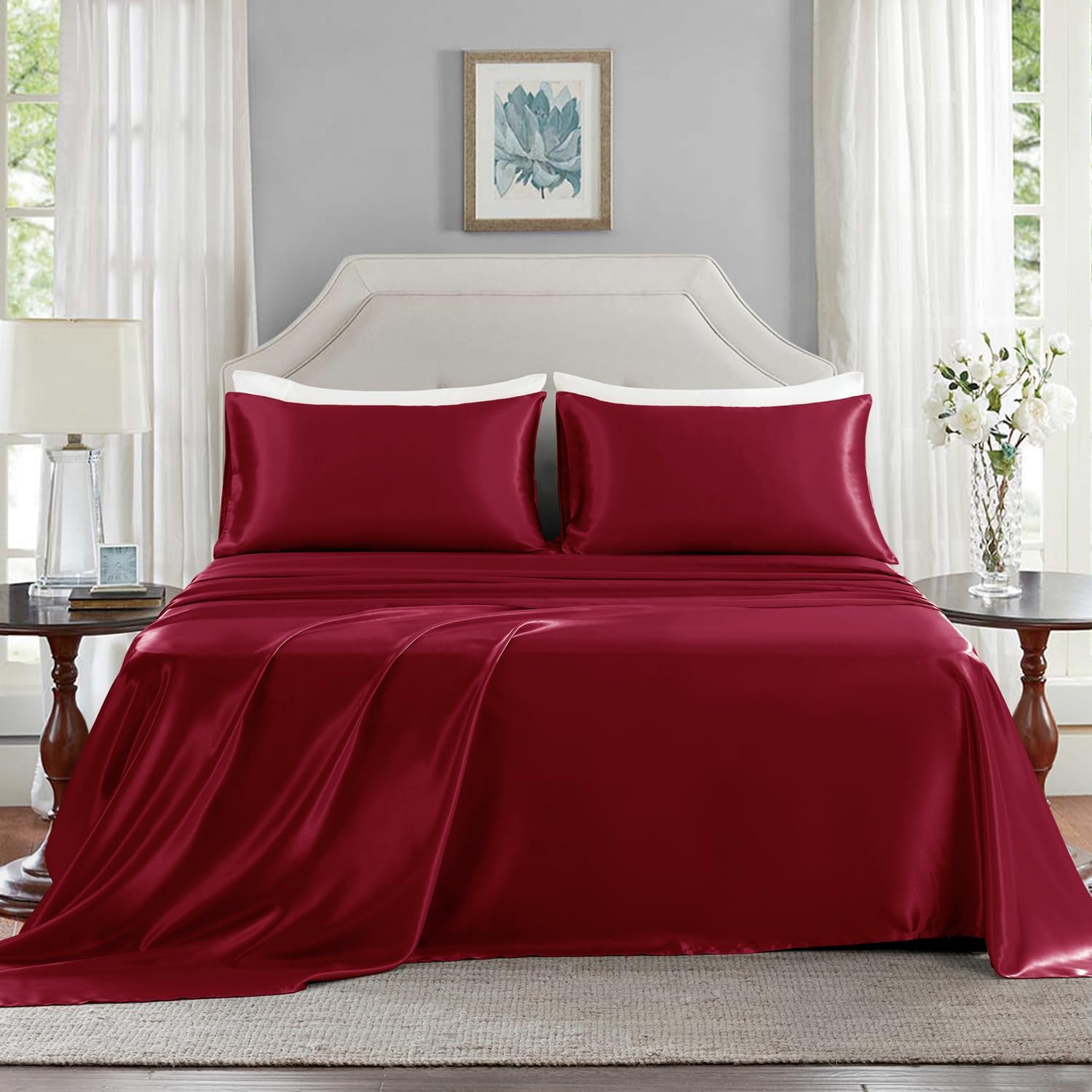 Golal Satin Sheets Full Size - 4 Pieces Luxury Silky Soft Bed Sheets, Wrinkle-Free Burgundy Satin Silk Sheet Set with 1 Deep Pocket Fitted…