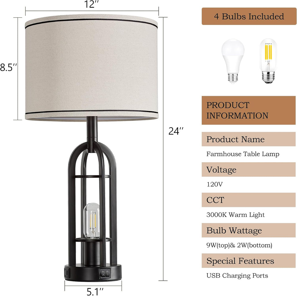 SRJJA Black Table Lamps for Living Room Set of 2 - Farmhouse Industrial Lamps for Night Stands with Night Light & USB A+C, 24" Rustic…